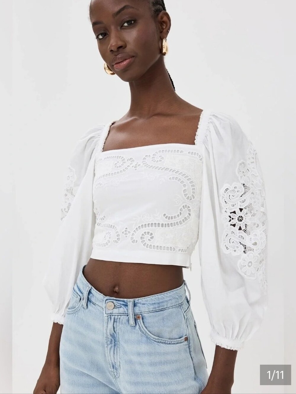 FARM Rio White Eyelet Square-Neck Crop Top with Puff Sleeves
